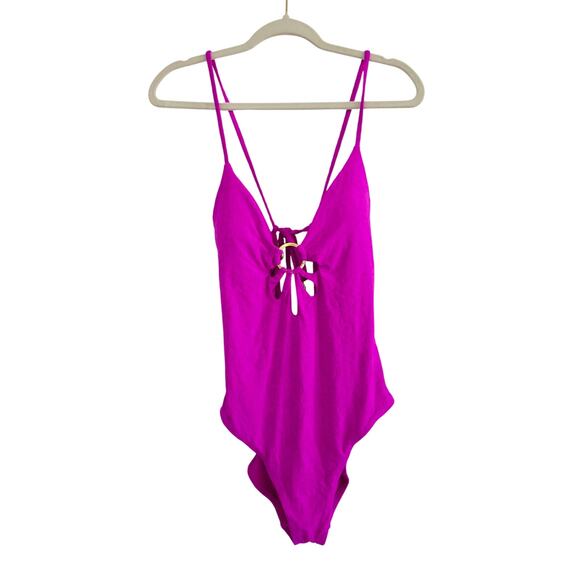 Trina Turk Fuchsia Pink Floral Petal Cutout V-Neck One Piece Swimsuit 10 - Picture 1 of 4